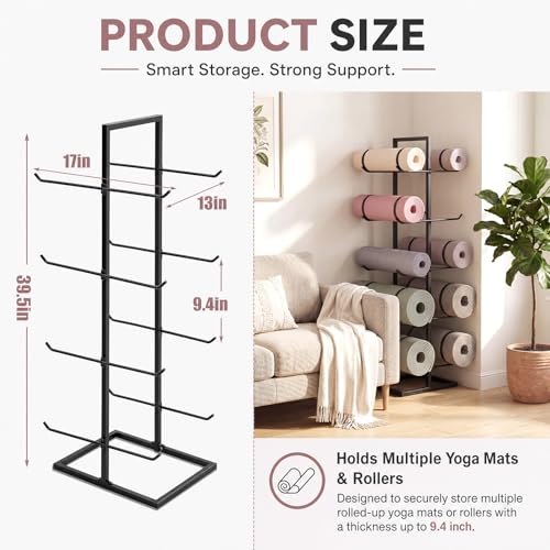 Cinnvoice 4-tier Yoga Mat Holder for Home Gym, Freestanding Metal Yoga Mat Storage Rack with Hooks for Foam Rollers, Resistance Bands, Space Saving Organizer Stand