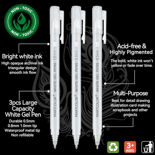 MARTCOLOR White Gel Pens, 3 Pack, 0.5mm, 0.8mm, 1.0mm White Gel Ink Pens | Opaque Archival Ink Pen for Black Paper Drawing, Art Highlight, Illustration, Bullet Journaling, Card Making & DIY Projects - style: White - 0.5+0.8+1.0mm