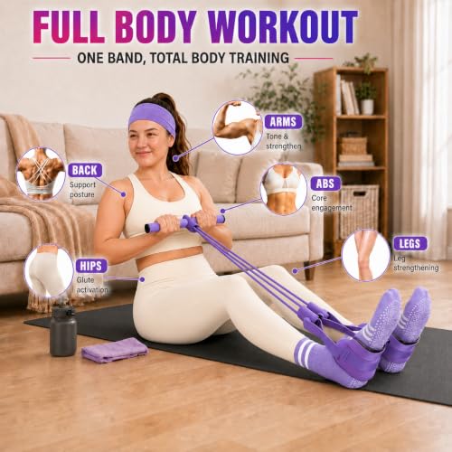 Pedal Resistance Band, Stitched Anti-Snap Elastic Pull Rope Fitness Equipment, 3-in-1 Home Workout Exercise Bands Set with Pilates Grip Socks & Headband - color: Purple, size: 55LB
