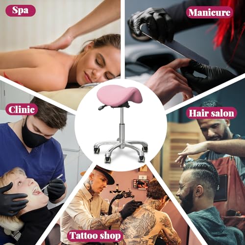 Ergonomic Saddle Chair,Heavy-Duty Rolling Stool with Wheels | 500lbs|Adjustable Height |360° swivel Silent PU casters|For Massage,Salon, barber ,tattoo,Spa ,Drafting,Clinic, Lab, Office - color: Pink