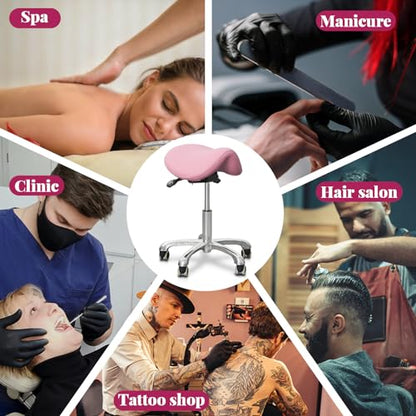 Ergonomic Saddle Chair,Heavy-Duty Rolling Stool with Wheels | 500lbs|Adjustable Height |360° swivel Silent PU casters|For Massage,Salon, barber ,tattoo,Spa ,Drafting,Clinic, Lab, Office - color: Pink