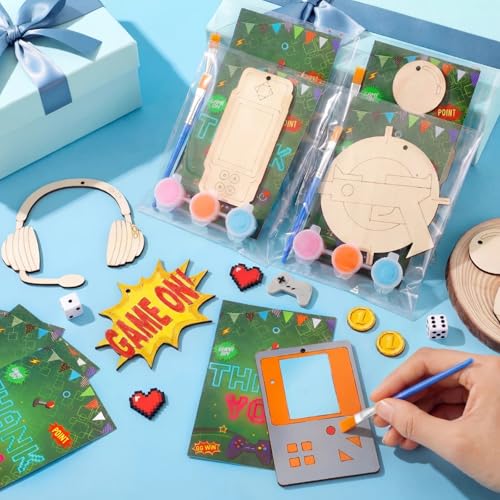 Saypacck 24 Pcs Video Game Party Favors Wooden Paint Craft Kits | DIY Craft for Kids Adults, Includes Brushes Paints Bags, Goodie Bag Fillers, Thank You Gifts, 8 Gaming Controller Designs - style: Game Theme