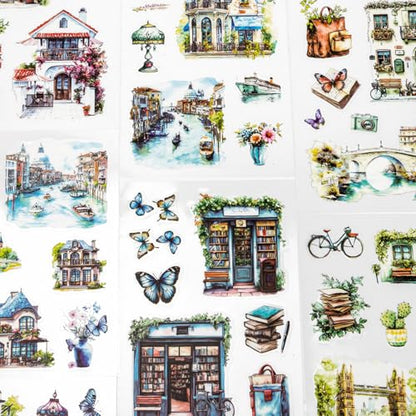Water Mountain House Sticker Scrapbooking Supplies for Junk Journal, 20 Sheets PET Stickers - Vintage Journaling Stickers, Ephemera Sticker Book Pre Cut(TZ-009-004) - style: Water Mountain House
