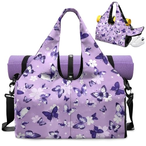 Butterfly Gym Bag for Women with Shoe Compartment Yoga Bags with Yoga Mat Holder Sports Bags Durable, Purple Sports Bag for Cheer Team Practice Sport - color: Purple Butterfly