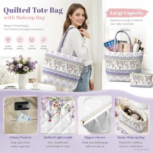 Quilted Tote Bag 2 Pack, Women's Tote Handbags for Work Travel - color: Soft Lavender Purple