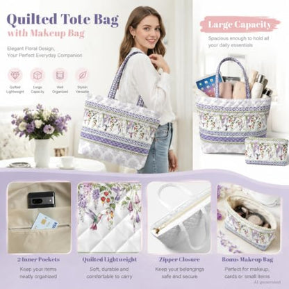Quilted Tote Bag 2 Pack, Women's Tote Handbags for Work Travel - color: Soft Lavender Purple