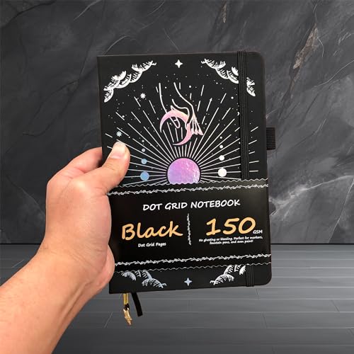 BUKE Dotted Journal - 150gsm Black Paper - 5 * 5mm DOT GRID Layout 160 Pages - A5 Size PU Leather Hardcover Drawing Sketch Notebook (Black) - color: Black