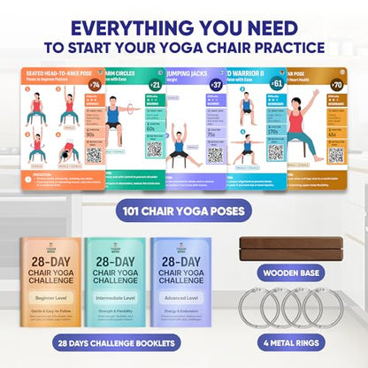 [100+ BIG CARDS] Chair Yoga for Seniors Over 60 - Chair Yoga Cards with Step-by-step Guides Full HD Videos, 28 Days Challenge for 3 Levels, Bonus 4 Rings & Wooden Base, Chair Exercises for Senior