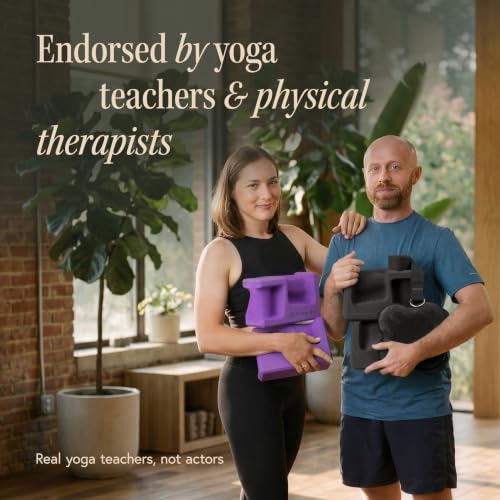 PRO Yoga Blocks | Ergonomic Yoga Block 2 Pack for Wrist Comfort and Support | EVA Foam Exercise Blocks, 2x Knee Pads & Yoga Strap | Pilates Block Set | Bricks to Eliminate Wrist Pain - color: Purple