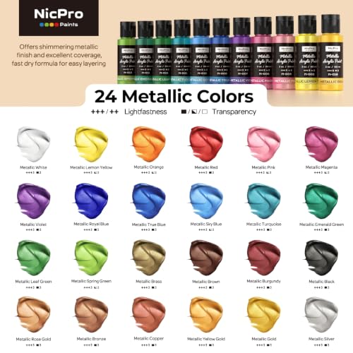 Nicpro 24 Colors Metallic Acrylic Paint Set, Pearlescent Acrylic Paint | 2oz/60ml Each, Non Toxic Non Fading Craft Paint for Wood, Clay, Metal, Canvas, Furniture, Handcraft, Model, Art Supplies - color: 20 Metallic Colors-2oz