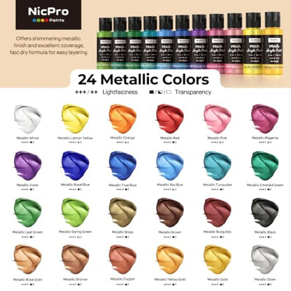 Nicpro 24 Colors Metallic Acrylic Paint Set, Pearlescent Acrylic Paint | 2oz/60ml Each, Non Toxic Non Fading Craft Paint for Wood, Clay, Metal, Canvas, Furniture, Handcraft, Model, Art Supplies - color: 20 Metallic Colors-2oz