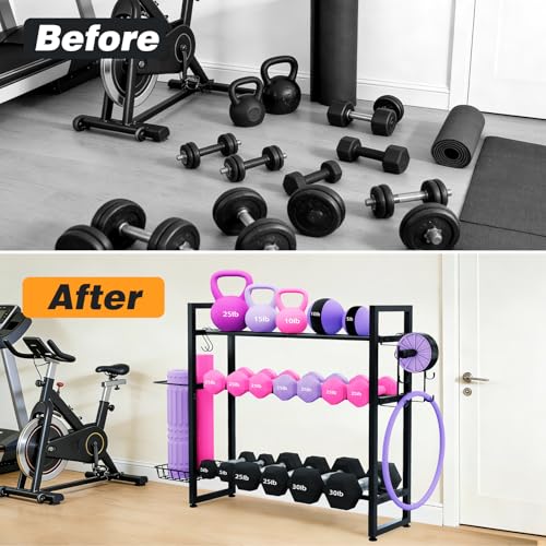 Weight Rack, 3-Tier Gym Organization for Home Gym with Shelf & Hooks