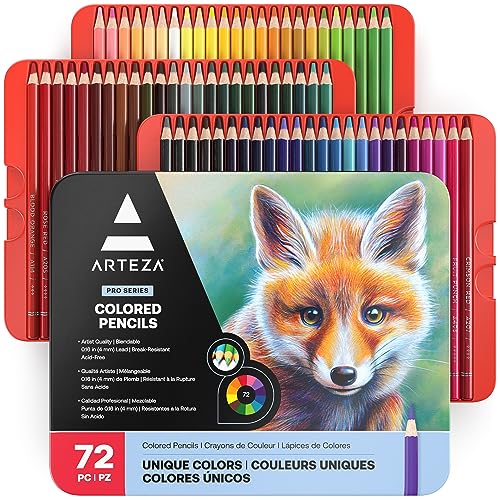 ARTEZA Colored Pencils Set of 72, Soft Wax-Based Colored Pencils for Adults and Artists, 4 mm Break-Resistant Core, Pre-Sharpened Drawing Pencils in Metal Tin for Blending, Shading, Sketching - style: Set of 72 (Tin Case)