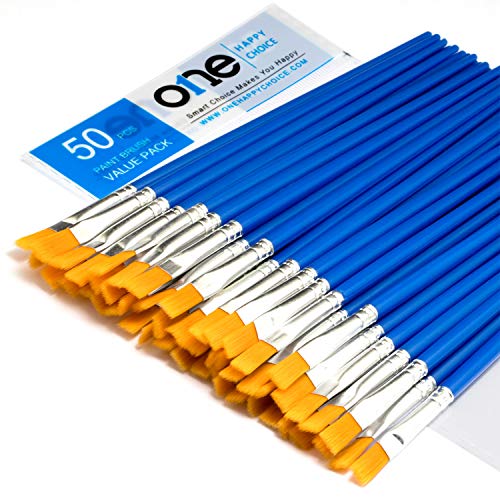50 Pcs Flat Paint Brushes Value Pack, Synthetic Hair, Short Plastic Handle | Durability, Cleaning Ease for Painting with Acrylic, Oil, Watercolor, Gouache & Enamel for Beginners, Students & Teachers