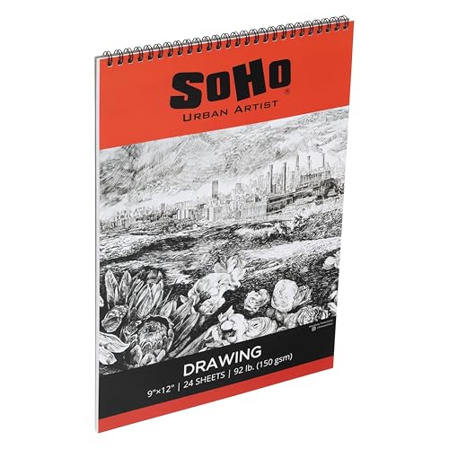 SoHo Urban Artist Softcover Drawing Pad - 9"x12", 12 Pack w/288 Sheets Total - 92 lbs/150gsm, Mixed Media, Dual-Sided, Acid-Free, Wire-Bound, Micro-Perforated, Repeated Erasing & Reworking - size: 9"x12"