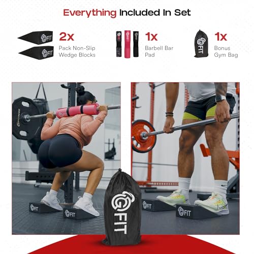 Squat Wedge Block & Barbell Pad Set - 2-Pack Non-Slip Wedges for Elevated Heel Lifts, Deadlifts, and Calf Stretching - Hip Thrust Pad for Squats, Lunges & Gym Bag
