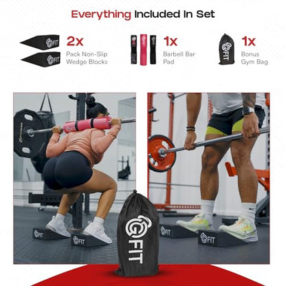 Squat Wedge Block & Barbell Pad Set - 2-Pack Non-Slip Wedges for Elevated Heel Lifts, Deadlifts, and Calf Stretching - Hip Thrust Pad for Squats, Lunges & Gym Bag