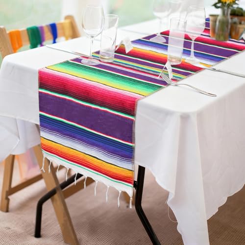 Fowecelt Mexican Serape Table Runner 14 x 84 Inch for Mexican Party Wedding Decorations Outdoor Picnics Dining Table, Fringe Cotton Handwoven Table Runners - color: Purple, size: 84" x 14" (Runner)