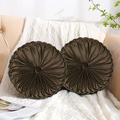 HIG Set of 2 Chocolate Velvet Decorative Round Pleated Throw Pillows - color: Chocolate