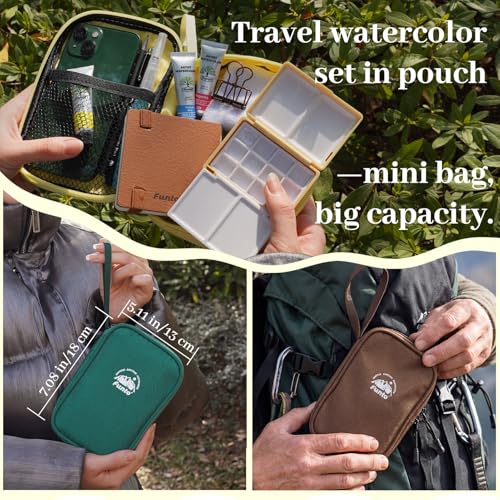 Funto Travel Watercolor Paint Set, All-in-One Premium Walnut Wood 15-Grid Pocket Kit with Refillable Paint Tubes, Crossbody Bag, Water Brush, Drawing Pencil & Sketchbook – Ideal for Serious Artists and Beginners - color: 15-Wood