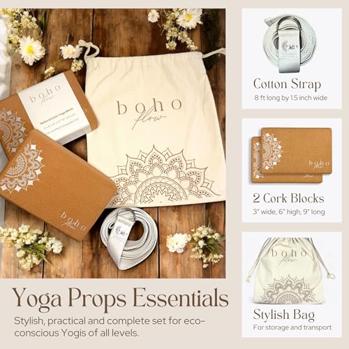 Complete Yoga Bundle with Premium Cork Yoga Mat, Stylish Carry Bag and Practical Cork Yoga Blocks Set with Strap and Storage Bag.
