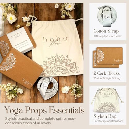 Complete Yoga Bundle with Premium Cork Yoga Mat, Stylish Carry Bag and Practical Cork Yoga Blocks Set with Strap and Storage Bag.