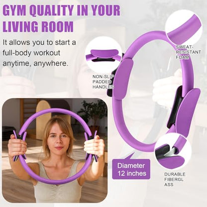 Silipull 10 Pcs Pilates Ring Blocks Set for Women Home Yoga Equipment Accessories Pilates Ring Circle and Ball Workouts Gift Include Ball Yoga Circle Resistance Bands Block Straps Gym Bag - color: Purple