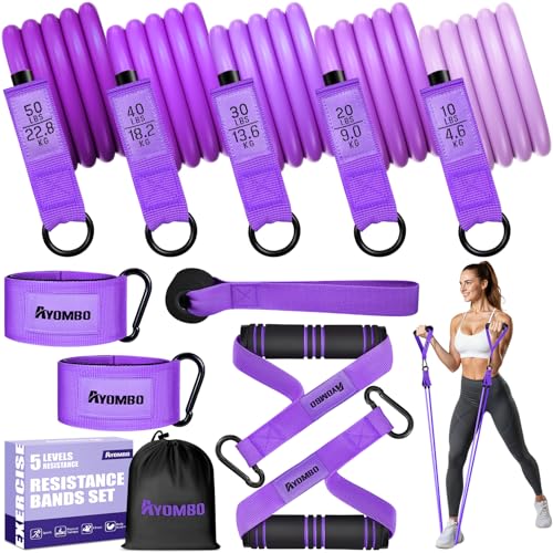 Ayombo Resistance Bands with Handles for Women, 150LBS Exercise Bands Set for Physical Therapy Yoga Pilates, 5 Level Workout Bands for Working Out with Door Anchor, Home Gym Fitness Equipment - color: Purple-150LBS