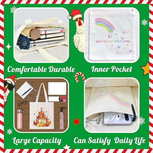 Kazova Merry Cluckin Tote Bag Funny Christmas Chicken Tote Bag for Women Xmas Holiday Canvas Handbag with Long Handles Reusable Grocery Shopping Beach Cotton Handbag - color: Cluckin