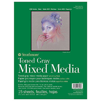 Strathmore 400 Series Toned Mixed Media Pad, 184 lb. Paper, 9 X 12 inches, Gray, 15 Sheets (462-309) - color: Toned Gray, size: 9 x 12 inches