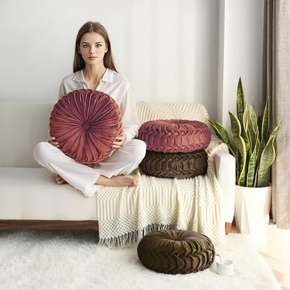 HIG Set of 2 Dusty Rose Velvet Decorative Round Pleated Throw Pillows - color: Dusty Rose