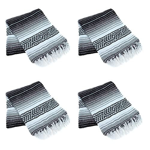La Montana Bulk Falsa Mexican Blanket, 4 Pack, Charcoal/Silver/White | Authentic 74"x50" Lightweight Yoga Blanket Made in Mexico - Decorative Throw for Picnic, Camping, Beach, Bed, Home Decor - color: Charcoal/Silver/White