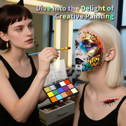 Drawdart Face Body Paint Kit, 15 Colors Palette with 10 Artist Brushes, Facepaint Makeup Kit for Soccer Tournaments & Game Day Fans, Halloween SFX Cosplay Costume Parties - color: 15 Colors