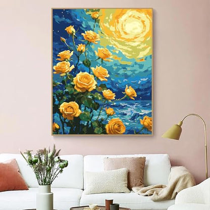 ZRIZQ Flowers Paint by Numbers Kit for Adults Beginner,Yellow Roses,16x20 | Full set with wooden brushes,rolled canvas,rich paints.Calming activity.Beginner friendly.Just open and paint. - color: 16"X20"Rolled Canvas(Frameless)-Flowers 1