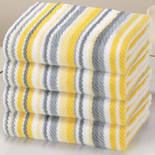 VOOVA & MOVAS Yellow Bath Towels 4 Pack, 100% Cotton, 28x52 in - color: Yellow + Gray Striped, size: 4 PC Bath Towels (28"x52")