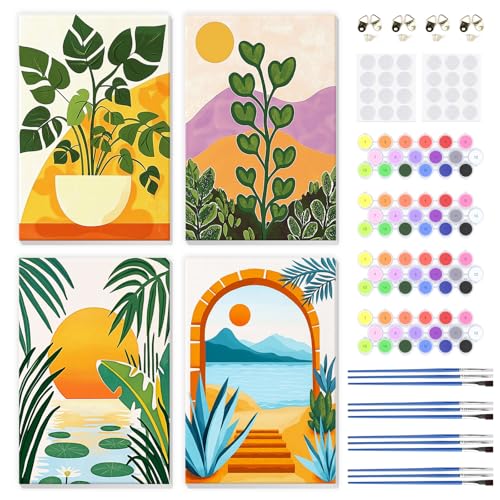 QENSPE 4 Pack Landscape Paint by Numbers for Adults with Wooden Frame, Green Plants Adults Paint by Number for Beginners, DIY Acrylic Oil Painting Kits on Canvas, Home Wall Decor Gift 8X12 inch - color: Green plants