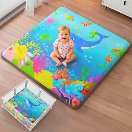1.3" Thick Baby Play Mat for Floor, Elasti-Foam 71x59 Playpen Mat, Water Repellent Ultra Soft Coral Velvet Tummy Time Crawling Mats for Kid Toddlers Infants, Non-Slip Backing Safe for Crawling Ocean - color: Ocean Friends, size: 71" X 59"