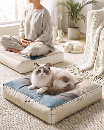 Large Floor Cushion 22x22x5", Tufted Meditation Cushion, Washable Cover - color: Beige