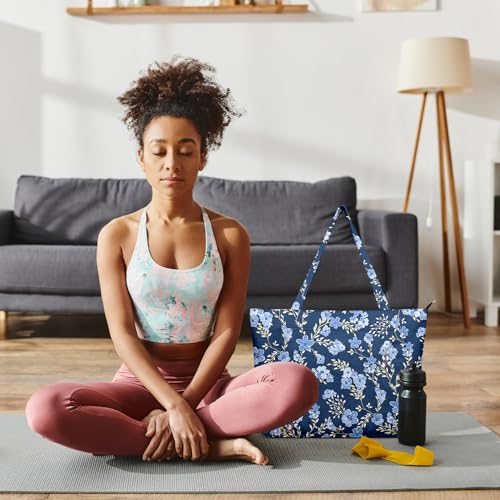Yoga Bag for Women, Large Canvas Yoga Mat Tote Bag with Yoga Mat Carrier | Large Mat Pocket Fitness Tote for Pilates, Gym, Travel, Office & Beach - color: Blue Flower