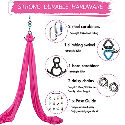 Aerial Silks Yoga Swing Set, Fitness Aerial Yoga Kit | Anti-Gravity Flight Aerial Yoga Hammock Kit; Low/Non Stretch Nylon Tricot Fabric; For Fitness & Dance; Hardware Included - color: Hot Pink