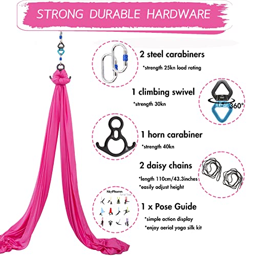 Aerial Silks Yoga Swing Set, Fitness Aerial Yoga Kit | Anti-Gravity Flight Aerial Yoga Hammock Kit; Low/Non Stretch Nylon Tricot Fabric; For Fitness & Dance; Hardware Included - color: Hot Pink
