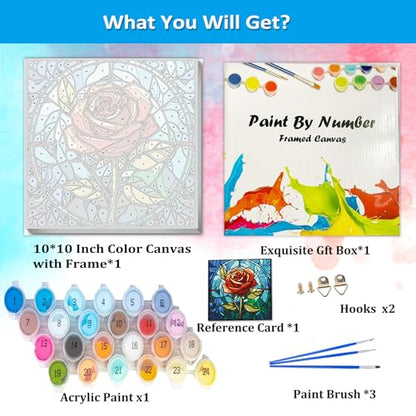 Artunion Framed Paint by Numbers Kit for Adults Beginners & Kids Ages 8-12,Red Rose Flower Paint by Number with Frame, Stained Glass Paint by Numbers Kit on Canvas 10 * 10 Inch Without Easel - color: ZXT-243-F