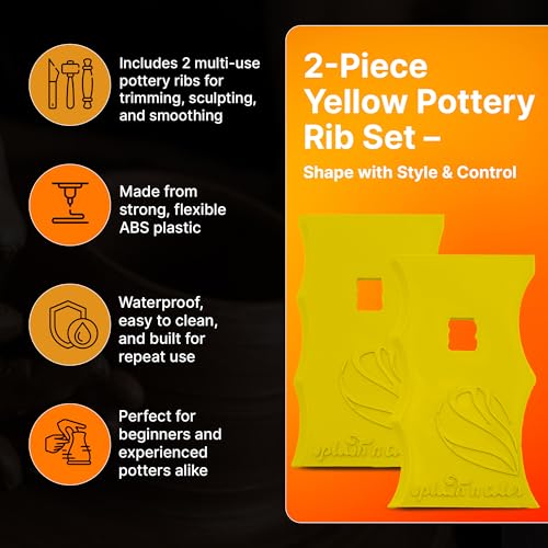 SplashNColor Pottery Ribs - ABS Clay Texture Ribs, Mud Throwing Tools, Ceramic Pottery Smoothing, Sculpting, Carving, and Trimming Tools for DIY Pottery Projects - Yellow - Set C - (2 Pack)