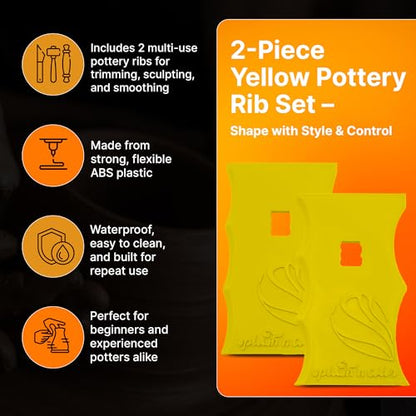 SplashNColor Pottery Ribs - ABS Clay Texture Ribs, Mud Throwing Tools, Ceramic Pottery Smoothing, Sculpting, Carving, and Trimming Tools for DIY Pottery Projects - Yellow - Set C - (2 Pack)