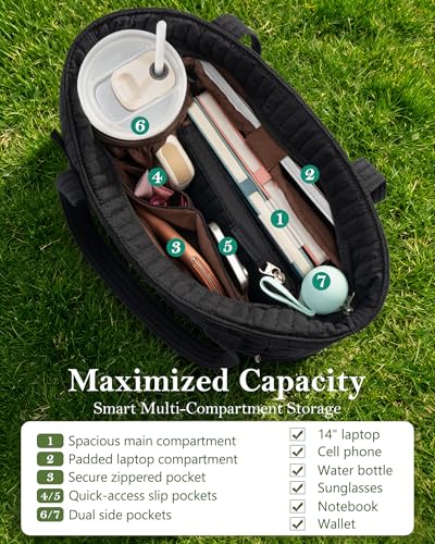 Bagstellar Quilted Tote Bag for Women Teacher Nurse Cotton Laptop Work Tote | Top Zip Closure Puffer Nursing School Travel Tote Bags with 40oz Cup Holder, Lightweight 14” Computer Shoulder Handbag Purses - color: Black