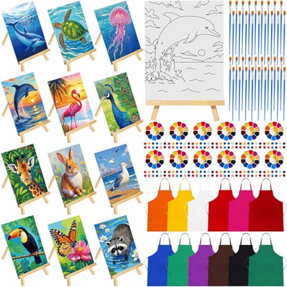 Motipuns 72 Pcs Paint and Sip Kit for Adults 12 Set 8''x10'' Pre Drawn Canvas for Painting with Easels Apron Brushes Palette Printed Canvas Bulk for DIY Birthday Gifts Date Night Party(Animal) - style: Animal