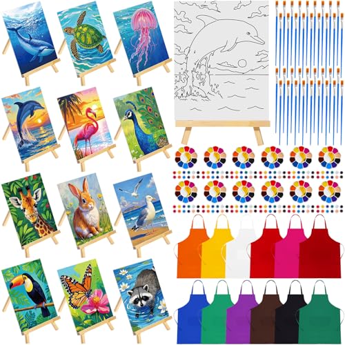 Motipuns 72 Pcs Paint and Sip Kit for Adults 12 Set 8''x10'' Pre Drawn Canvas for Painting with Easels Apron Brushes Palette Printed Canvas Bulk for DIY Birthday Gifts Date Night Party(Animal) - style: Animal