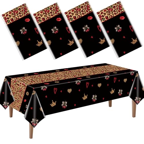 4 Pcs Rectangle Cheetah Cherry Birthday Plastic Tablecloths | Red Black Leopard Pattern, Disposable Table Cover, Waterproof, 54x108 Inch,for Bridal Shower Party Decorations - color: Cheetah Cherry
