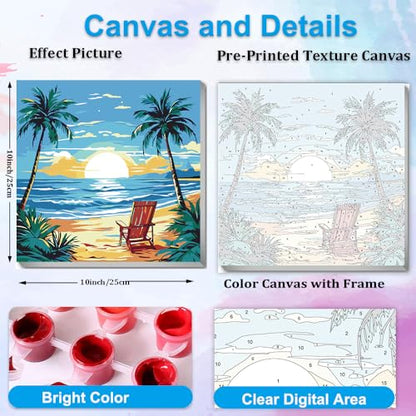 Artunion Framed Paint by Numbers Kit for Adults Beginners & Kids Ages 8-12,Summer Beach Paint by Number with Frame,Sunset Beach Paint by Numbers Kit on Canvas 10 * 10 Inch Without Easel - color: ZXT-242-F
