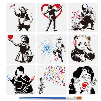 FINGERINSPIRE 9 Pcs Banksy Painting Stencil with Brush 11.8x11.8inch Painting Rat Graffiti Man Soccer Boy Deep Thought Panda Drawing Template Hugging Couple Screaming Woman DIY Stencil for Painting - style: Banksy Style Set
